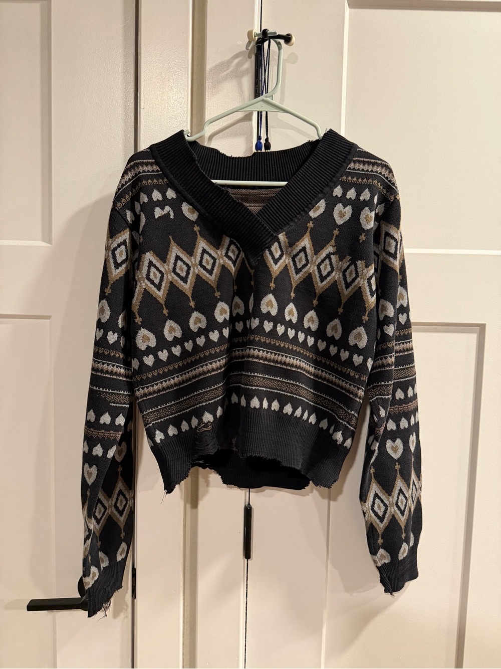 JNBY Distressed Fair Isle V-Neck Sweater